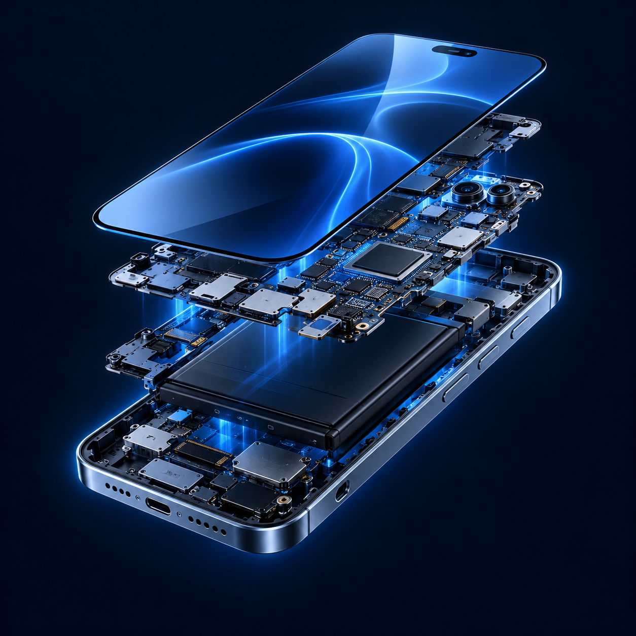 Cinematic 3D exploded smartphone showing its display, circuit board and frame